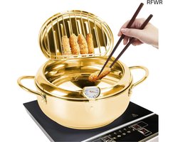 RFWR® Friteuse in Japanse stijl met thermometer en deksel - Roestvrijstalen Tempura pan voor perfecte frituurresultaten