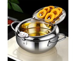 RVS Frituurpan 2,2L met Thermometer en Deksel – Olie‑Afdruiprek voor Friet, Kip & Garnalen – Geschikt voor Gas en Inductie