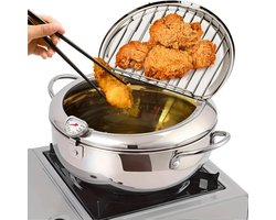RVS Frituurpan met Temperatuurmeter - 3.2L Capaciteit voor Perfect Frituren - Inclusief Druiprek en Deksel - Geschikt voor Tempura en Gefrituurde Snacks