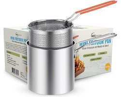 SEZGoods Kleine Frituurpan met Mandje – 1,2 Liter - Mini Friteuse - Geschikt voor gas en inductie - RVS - 26x12x13CM