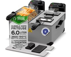 Turbotronic DF-2 Duo - Dubbele frituurpan - 2x 3 Liter - Koude zone - Zilver