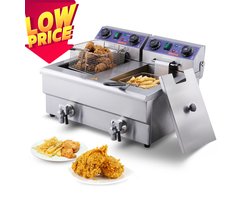 Verkoop Nederland® - Friteuse Dubbel - Met Dubbele Tanks - Roestvrijstalen Friteuse - Met timer - Met filter - 2 x 6 liter - Tot 200°C - 2 x 1500 watt - Koude zone - Aftapkraan - RVS