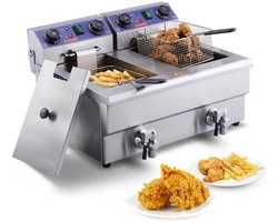 Vevor Friteuse - Dubbele Frituurpan - Frietpan - Frituurpan - Dubbele Friteuse - 12 Liter - 3000W - Met Timer En Olie-afvoerventiel - 57 x 52 x 35,5 Cm - Roestvrijstaal