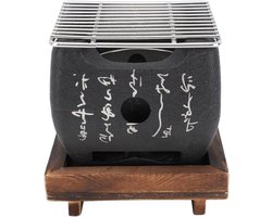 Allecto plus - Japanse Mini-BBQ-Grill Tafelgrill met Bakplaat en Houten Basis - Buiten Balkon Terras Kamperen - Draagbare Houtskoolgrill (165x145cm)
