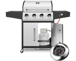 BBQ 5 in 1 - Barbecue op gas - Zilver - Thermostaat - Olievanger accessoires - Gasgrill met zijbrander