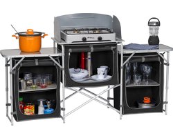 BERGER Campingkeuken XL | Opvouwbare Campingkast | 5 Opbergvakken | Buitenkeuken Met Windscherm, Opbergtas | Outdoor Camping Keuken Kast | Camping Keukenkast Met Aluminium Frame