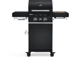 BURNHARD® 2 Branders gasbarbecue FRED Jr. Black Series 3, incl. 900°C keramische infraroodbrander, gietijzeren grillrooster + inklapbare zijtafels