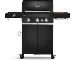 BURNHARD® 3 Branders gasbarbecue FRED Deluxe BLACK Series 3 incl. achterbrander, keramische 900°C infraroodbrander, zijkookplaat, gietijzeren grillrooster + uitklapbare zijtafels
