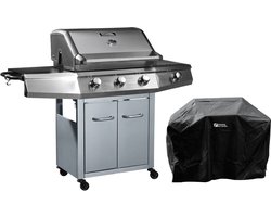 Gas BBQ gasbarbecue barbecue "Bingo 4" - 4 branders waarvan 1 zijbrander - 14 kW + beschermhoes - Zilver