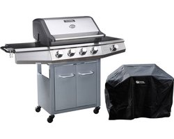 Gas BBQ gasbarbecue barbecue met led "Bingo 5" - 5 branders waarvan 1 zijbrander - 15,2 kW + beschermhoes - Zilver