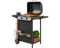 Gasgrill 7 KW Grillwagen Inkl 3 Branders Zijkoker Rol Drukreductor Deksel Gasslang 2 Verwarmingszones Thermometer Zijplanken, BBQ Tuinbarbecue Voor Balkon, Grill 107 X 54 X 96 Cm