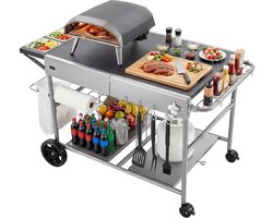 Grillwagen - BBQ Werktafel/Grilltafel - Verrijdbaar op Wielen - Tafelblad 92,5x59,5x2,5 cm - 4 Kruidenbakjes met Deksels - Gereedschapshaken - Voor Tuin & Buitenkeuken