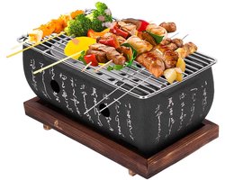Japanse stijl barbecue grill mini huishoudelijke barbecue houtskoolfornuis met gaasrooster en houten basis Hibachi voor Yakiniku Takoyaki kamperen