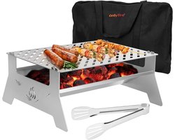 Tafelgrill, mobiele houtskoolgrill, grillroostersysteem van roestvrij staal met draagtas en tang voor outdoor, tuin, camping, party, strand, barbecue