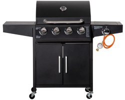 TRUUSK Gasgrill BBQ Met 3 Branders - Mobiele Grillwagen Met 4 Wielen - Bijzettafels - Drukregelaar en Slangen - Multifunctioneel