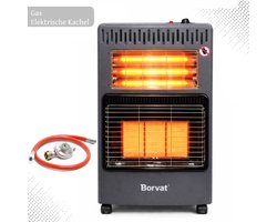 Borvat® – Opvouwbare Gas- en Elektrische Kachel – 4200 kW – warmtestraler met piëzo – ontsteker butaan – Voor Binnen & Beschutte Buitenruimtes – Met Wielen – 3 Standen