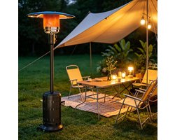 COVREO Gaskachel met piezo-ontsteking en warmtestanden – 82x82x223 cm – Terrasverwarmer voor tuin en buitenruimte – met wielen – Zwart