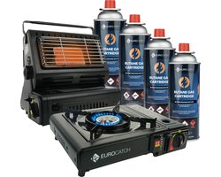 Eurocatch Gaskachel & Kooktoestel - Camping set - 4 Butaan Gasbussen - Gasstel - Gaspit - Kachel - Heater