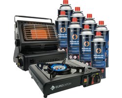 Eurocatch Gaskachel & Kooktoestel - Camping set - 8 Butaan Gasbussen - Gasstel - Gaspit - Kachel - Heater