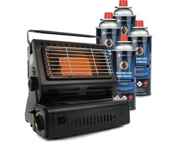 Eurocatch Gaskachel & Kooktoestel in 1 - Incl. 4 Butaan Gasbussen - Heater - Kachel - Terrasverwarmer - Camping gaskachel - Gas Heater - Verstelbaar - Draagbaar