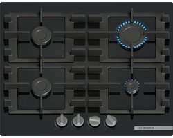 Bosch PNP6B6K40 Serie 4 Gaskookplaat op Glas – 60 cm – 4 Branders inclusief Sterkbrander (3kW) – Gehard Glas – Gietijzeren Pannendragers – Zwart – Inbouw