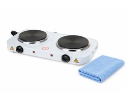 Elektrische Camping Kookplaat Dubbel 2x1000W – 2 Pits Vrijstaand Wit – Met Thermostaat – Voor Camper & Caravan – Inclusief HEM Microvezel Schoonmaakdoek