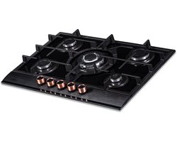 Everglades EVBI8750 - Inbouw Gaskookplaat - 70CM - Gas op Glas - Wokbrander - Gietijzeren Pannendragers - Incl. 2 setjes Knoppen Koper + RVS - Geïntegreerde Vonkontsteking - Vlambeveiliging - 5 Jaar Garantie