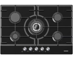 Heinner HBH-M705IWFGBK Inbouw Gaskookplaat 75 cm – 5 Branders – Wok – Elektrische Ontsteking – Gietijzeren – Veiligheidsbeveiliging – Zwart Glas – 5 Jaar Garantie