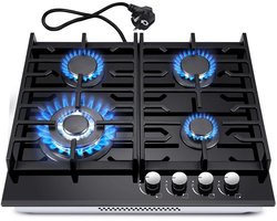 Inductiekookplaat - Gaskookplaat - Grillplaat - 4 Pits - Inbouw - Aardgas Propaan - 58x51x10cm - 500W / 3.4kW - 230v - Zwart
