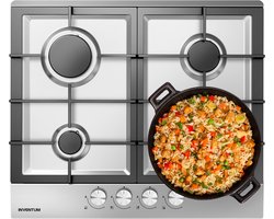 Inventum IKG6023GRVS inbouw gaskookplaat 59 cm - 4-pits - Gietijzeren pandragers - Geïntegreerde vonkontsteking - Geschikt voor Nederlands gas - Na ombouw ook geschikt voor Belgisch gas en propaan/butaan - RVS/Zwart