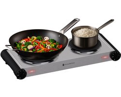 KitchenBrothers Elektrische Kookplaat - 2 Pits - Vrijstaand - 7 temperatuurstanden - 1500W + 1000W - RVS/Zwart