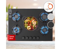 Klarstein Firetale Gaskookplaat - 5-pits - Zelfvoorzienend - 70 cm - Inbouw - Aluminium branders - Aardgas/Propaangas - Veiligheidsventiel - Automatische uitschakeling - Gietijzeren pannendrager - Zwart