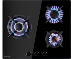 Klarstein Goldflame 3 Gaskookplaat - 3-pits - Autark - 60 cm (B) - Inbouw - Messing Brander - Aardgas/Propaangas - Veiligheidsventiel - Bescherming vlamuitval - Gietijzeren pannendrager - Glaskeramiek - Zwart