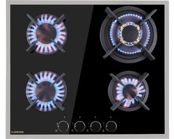 Klarstein Goldflame 4 Prime Gaskookplaat - 4-pits - 60 cm - Inbouw - Messing branders - Aardgas/Propaangas - Veiligheidsventiel -Gietijzeren pannendrager - Incl. slang en drukregelaar - Zwart