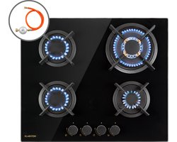 Klarstein Goldflame Domino - Gaskookplaat - 4 Pitten - 8000 W - Messing - Branders - Glaskeramisch Oppervlak - Comfortabele Bediening Met Snap Jet-Ignition - Eenvoudige Reiniging - Energiebesparend - Alles Inclusief - Veilig En Praktisch - Zwart