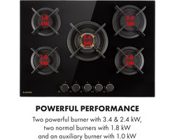 Klarstein Goldflame Domino - Gaskookplaat - 5 Pitten - 10400 W - Branders - Glaskeramisch oppervlak - Energiebesparend - Alles inclusief - Zwart