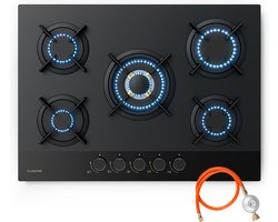 Klarstein Goldflame Nano Gaskochfeld, 70 cm, 5 Messingbrenner, 10,4 kW, Wok Brenner, Nanobeschichtetes Glas, Flammenausfallschutz, Automatische Zündung, Umrüstbar voor NG/LPG, Schwarze Metallknöpfe – geschikt voor thuisfitness en sportschoolgebruik,