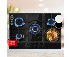 Klarstein Ignito 5-Zone Gasfornuis- 5 Pitten - Sabaf-Branders - Onderhoudsvriendelijk - Efficiënt Koken - Gelijke Hittedistributie - Elektrische Ontsteking - Elegant Design - Intuïtieve Draaiknoppen - Glaskeramisch Oppervlak - Praktisch - Zwart