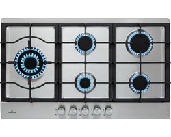 Klarstein Ignito Chef Edition 5 Zones Gaskookplaat - 5-Pits - Zelfstandig - 90 Cm - Inbouw - Sabaf Branders - Aardgas/Propaangas - Veiligheidsventielen - Automatische Uitschakeling - Gietijzeren Pannendrager - Wok-Hulpstuk - Glaskeramiek - Zilver