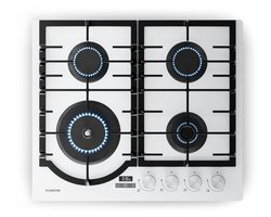 Klarstein Ignito gaskookplaat, 4 pitten, aluminium, 8000 W, timer en temperatuurregeling, vlambeveiliging, gietijzeren pannendragers, LPG/aardgas, 60 x 51 cm, warmhoudplaat, wit