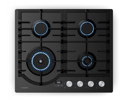 Klarstein Ignito gaskookplaat, 4 pitten, aluminium, 8000 W, timer en temperatuurregeling, vlambeveiliging, gietijzeren pannendragers, LPG/aardgas, 60 x 51 cm, warmhoudplaat, zwart