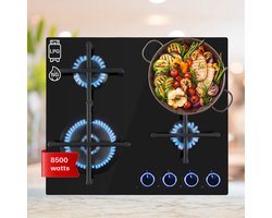 Klarstein Illuminosa 4 - Gaskookplaat - 4 Pitten - Sabaf-Brander - Glaskeramisch Oppervlak - Gelijkmatige Hitteverdeling - Elektrische Ontsteking - Praktisch En Elegant - Energiezuinig - Klassiek Gietijzeren Look - Intuïtieve Bediening - Zwart