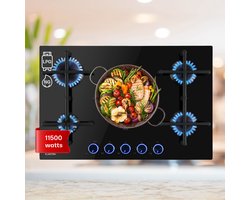 Klarstein Illuminosa 5 - Gaskookplaat - 5 Pitten - Sabaf-Brander - Glaskeramisch Oppervlak - Gelijkmatige Hitteverdeling - Elektrische Ontsteking - Praktisch En Elegant - Energiezuinig - Klassiek Gietijzeren Look - Intuïtieve Bediening - Zwart