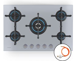 Klarstein Illuminosa 5 Gaskookplaat - 5 Sabaf-Branders, Roestvrij Staal, 4 Kw Wokbrander, Elektrische Ontsteking, Vlambeveiliging, Geschikt Voor Vloeibaar En Aardgas, 76X13X50 Cm