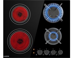 Klarstein Multichef 4 Combi Gaskookplaat - Gas en Glaskeramisch - 58,5 cm Breed - Zelfvoorzienend - 4 Zones: 2 X Gas 2 X Glaskeramiek - Vermogen: 6,4 Kw - Inbouw - Draaiknoppen - 9 Vermogensstanden - Zonder Frame - Zwart