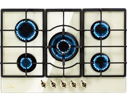 Klarstein Victoria 5 Gaskookplaat - 5-Pits - Zelfstandig - 74 Cm - Inbouw - Sabaf Branders - Aardgas/Propaangas - Veiligheidsventiel - Automatische Uitschakeling - Elektrische Ontsteking - Gietijzeren Pannendrager - Glaskeramiek - Retro-Look - Ivoor