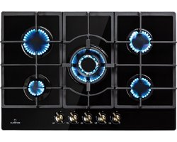 Klarstein Victoria 5 Gaskookplaat - 5-Pits - Zelfstandig - 74 Cm - Inbouw - Sabaf Branders - Aardgas/Propaangas - Veiligheidsventiel - Automatische Uitschakeling - Elektrische Ontsteking - Gietijzeren Pannendrager - Glaskeramiek - Retro-Look - Zwart