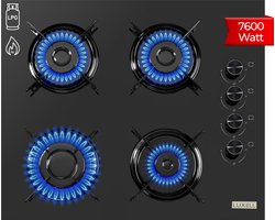 Luxell OC-88 Inbouw Gaskookplaat – Zwart – 4 Pits – Aardgas/LPG – 60cm