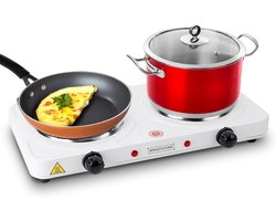 Royalty Line® DKP2500 2 Pits Elektrische Kookplaat - Kookplaten Vrijstaand - 2500W - Ø155 + 185mm - Regelbare Temperatuur - Vrijstaande Dubbele Kookplaat - Wit