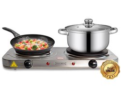Royalty Line® DKP2500 Elektrische Kookplaat - 2 Pits Elektrische Kookplaten - 1000W + 1500W - Ø155 + 185mm - RVS